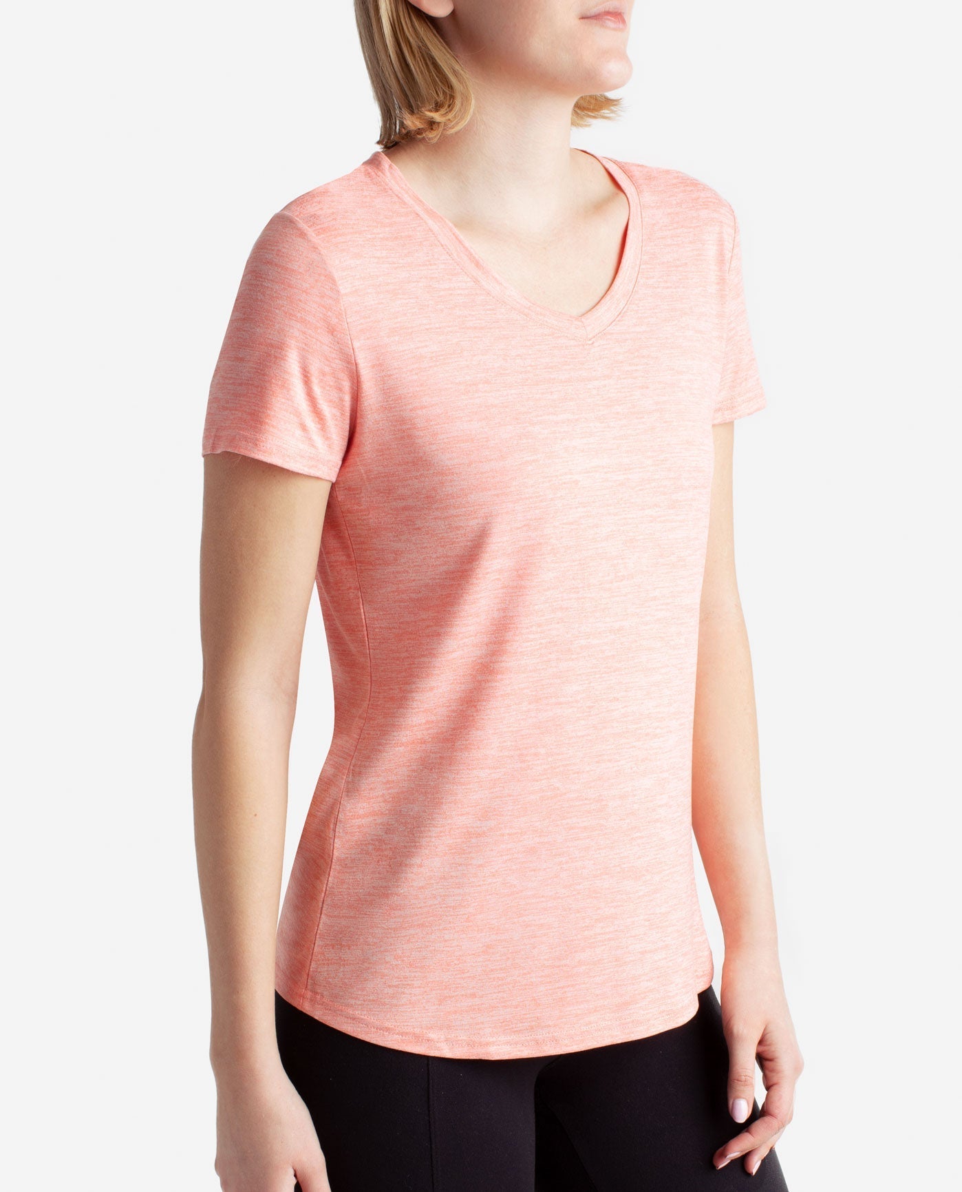 Side View of Danskin Light Grey And Coral 2-Pack Essential V-Neck Tee | DSK LIGHT GREY AND CORAL