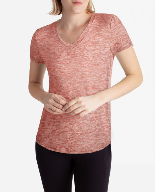 Front View of Danskin Black Salt And Canyon Rose 2-Pack Essential V-Neck Tee | DSK BLACK SALT AND CANYON ROSE