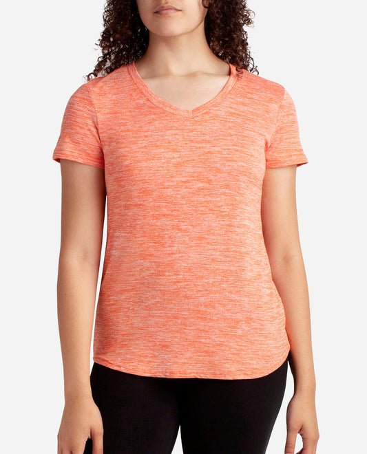 Front View of Danskin Bright White And Bright Orange 2-Pack Essential V-Neck Tee | DSK BRIGHT WHITE AND BRIGHT ORANGE