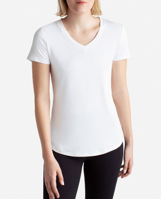 Alternate Front View of Danskin Bright White And Bright Orange 2-Pack Essential V-Neck Tee | DSK BRIGHT WHITE AND BRIGHT ORANGE