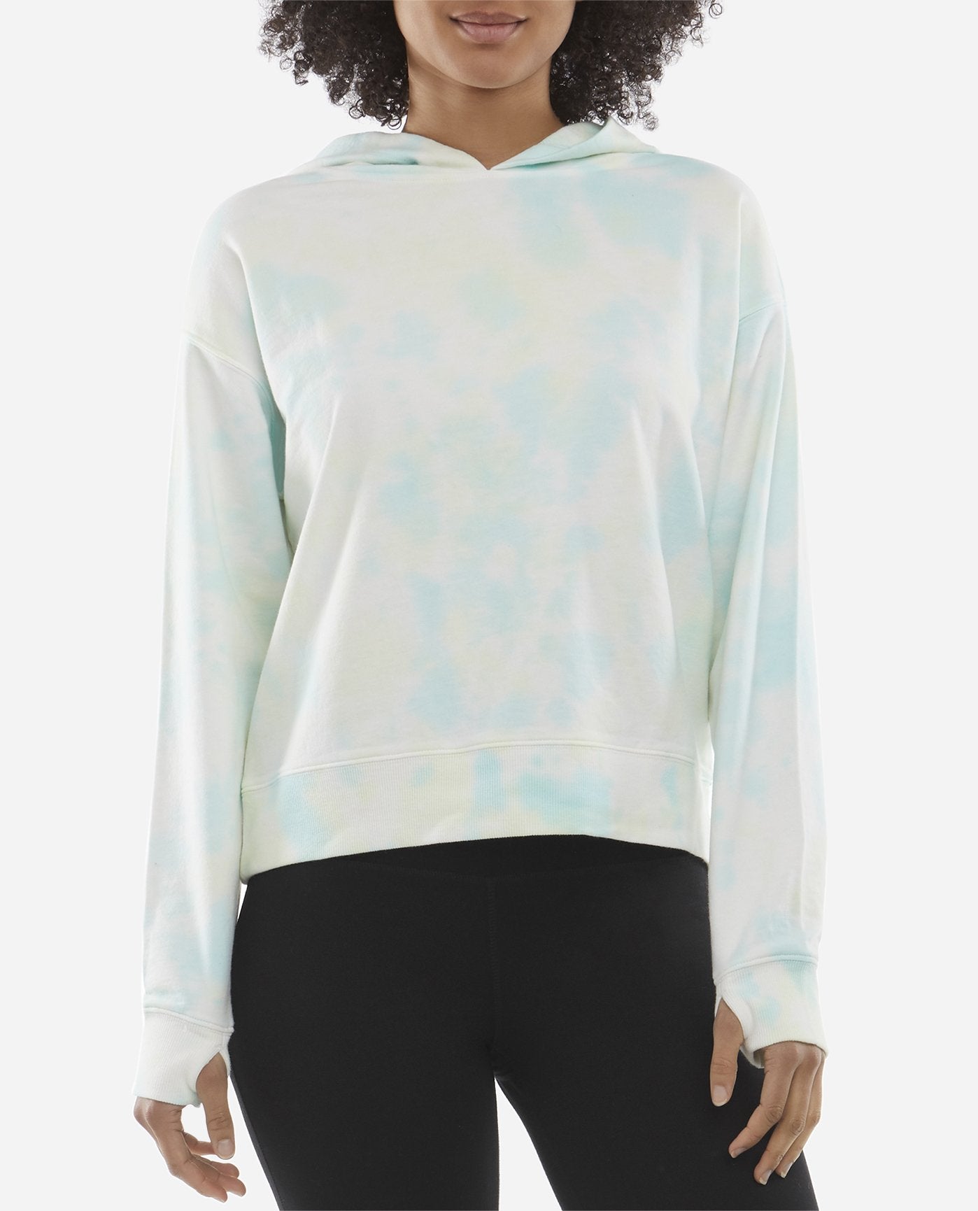 Front View of Danskin Crystal Turquoise Mottled Tie Dye Hoodie | DSK CRYSTAL TURQUOISE