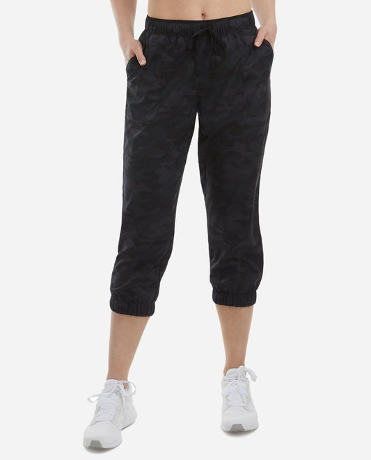Front View Of Danskin Black Camo Print Cropped Woven Jogger | DSK BLACK CAMO PRINT