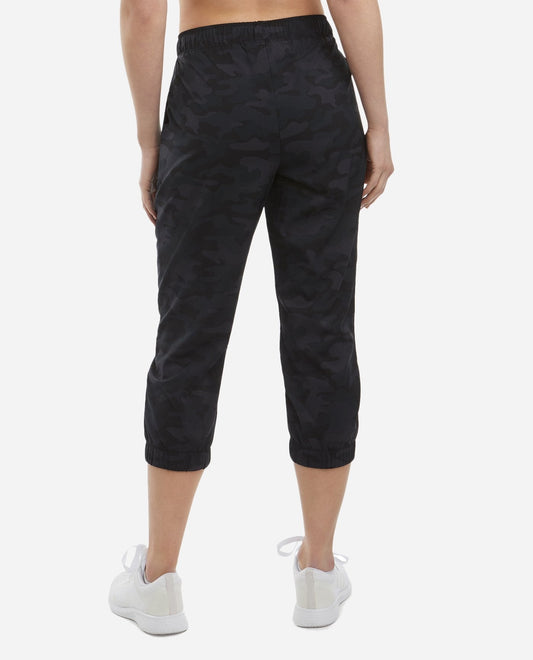 Back View Of Danskin Black Camo Print Cropped Woven Jogger | DSK BLACK CAMO PRINT