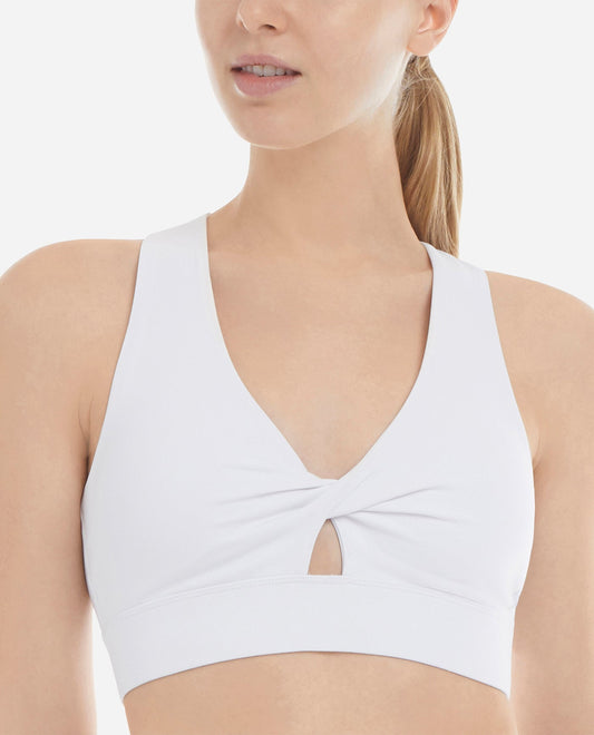 Front View of Danskin White Twisted Crossover Sports Bra | DSK WHITE