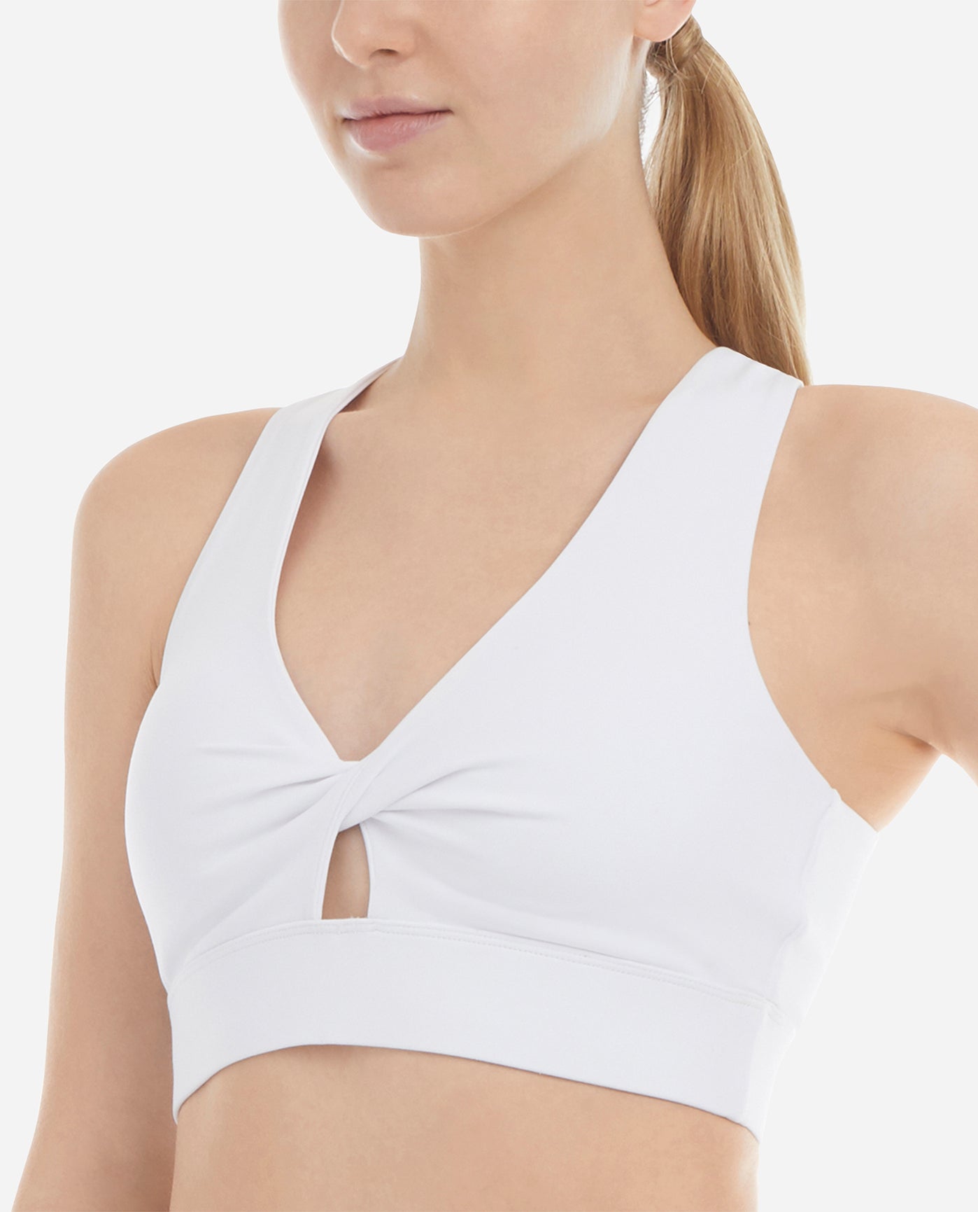 Side View of Danskin White Twisted Crossover Sports Bra | DSK WHITE