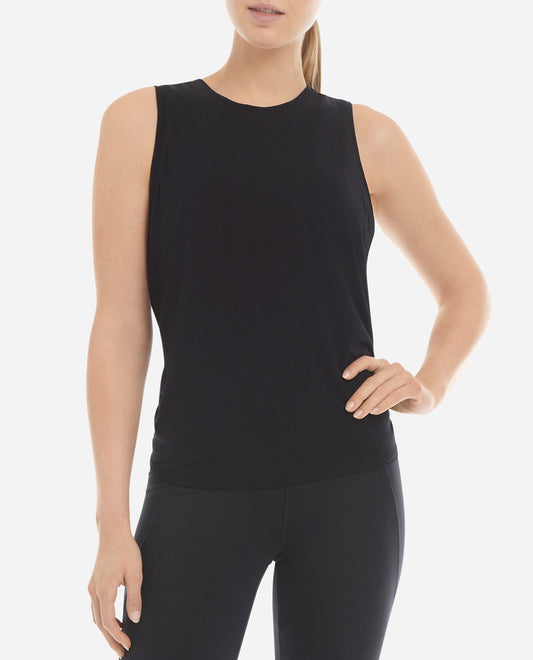 Front View of Danskin Black Salt Tie Back Flyaway Tank | DSK BLACK SALT