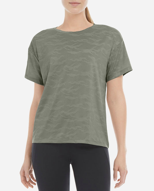 Front View of Danskin Agave Green Camo Boxy Tee | DSK Agave Green Camo