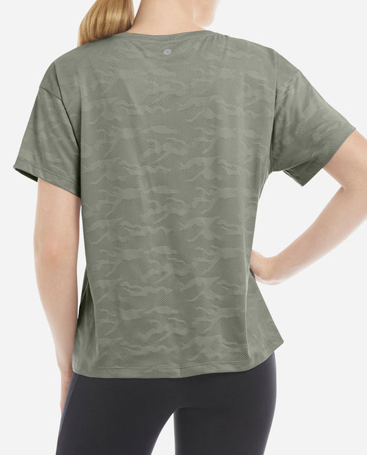 Back View of Danskin Agave Green Camo Boxy Tee | DSK Agave Green Camo