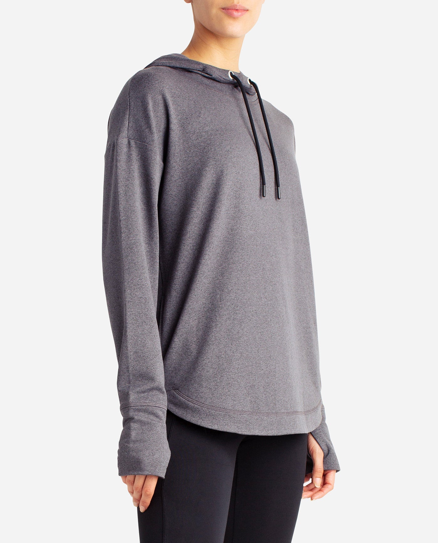 Side View Of Danskin Black Salt Heather Lotus Popover Hoodie | DSK BLACK SALT HEATHER