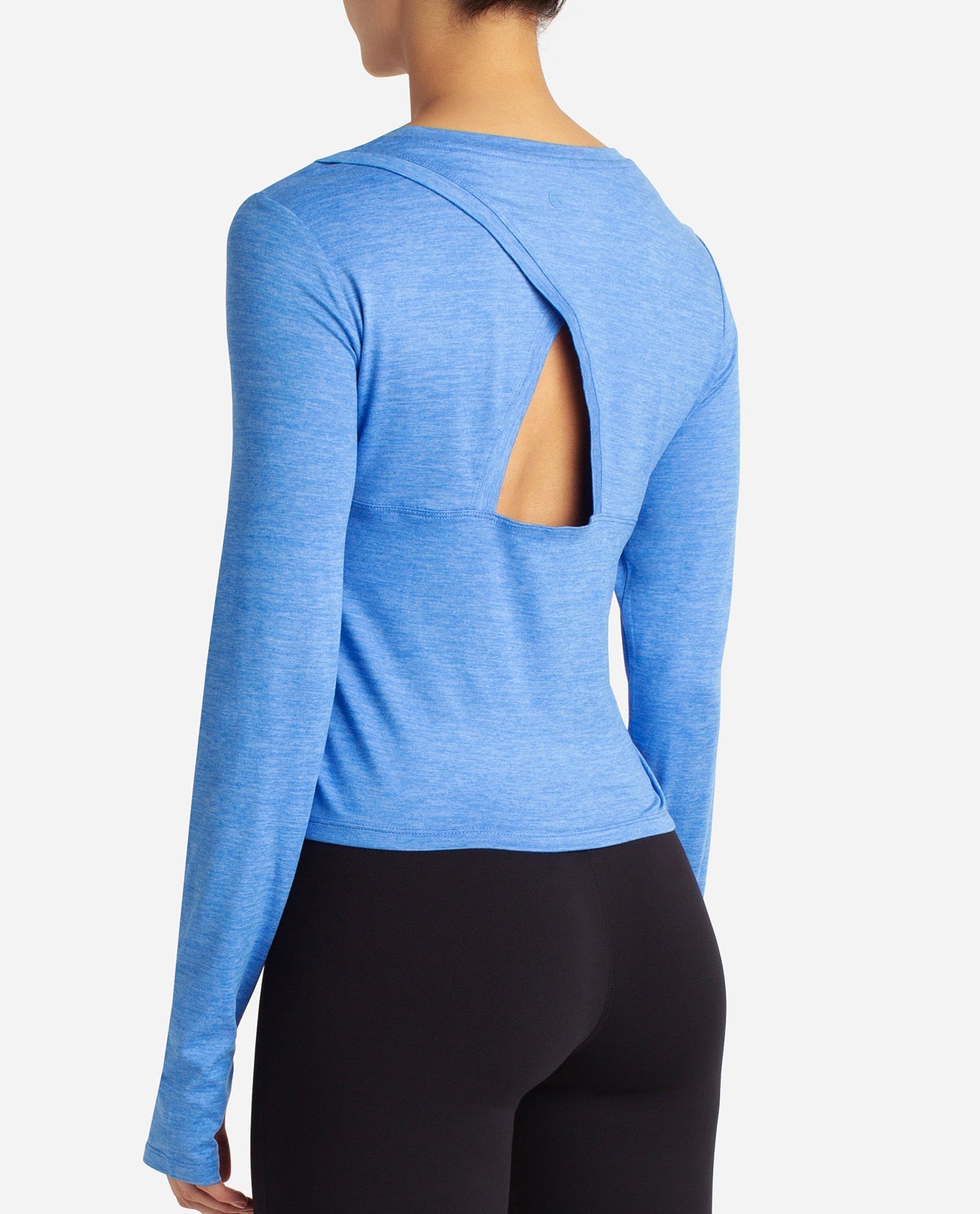 Back View Of Danskin Palace Blue Heather Cutout Cropped Long Sleeve Tee | DSK PALACE BLUE HEATHER