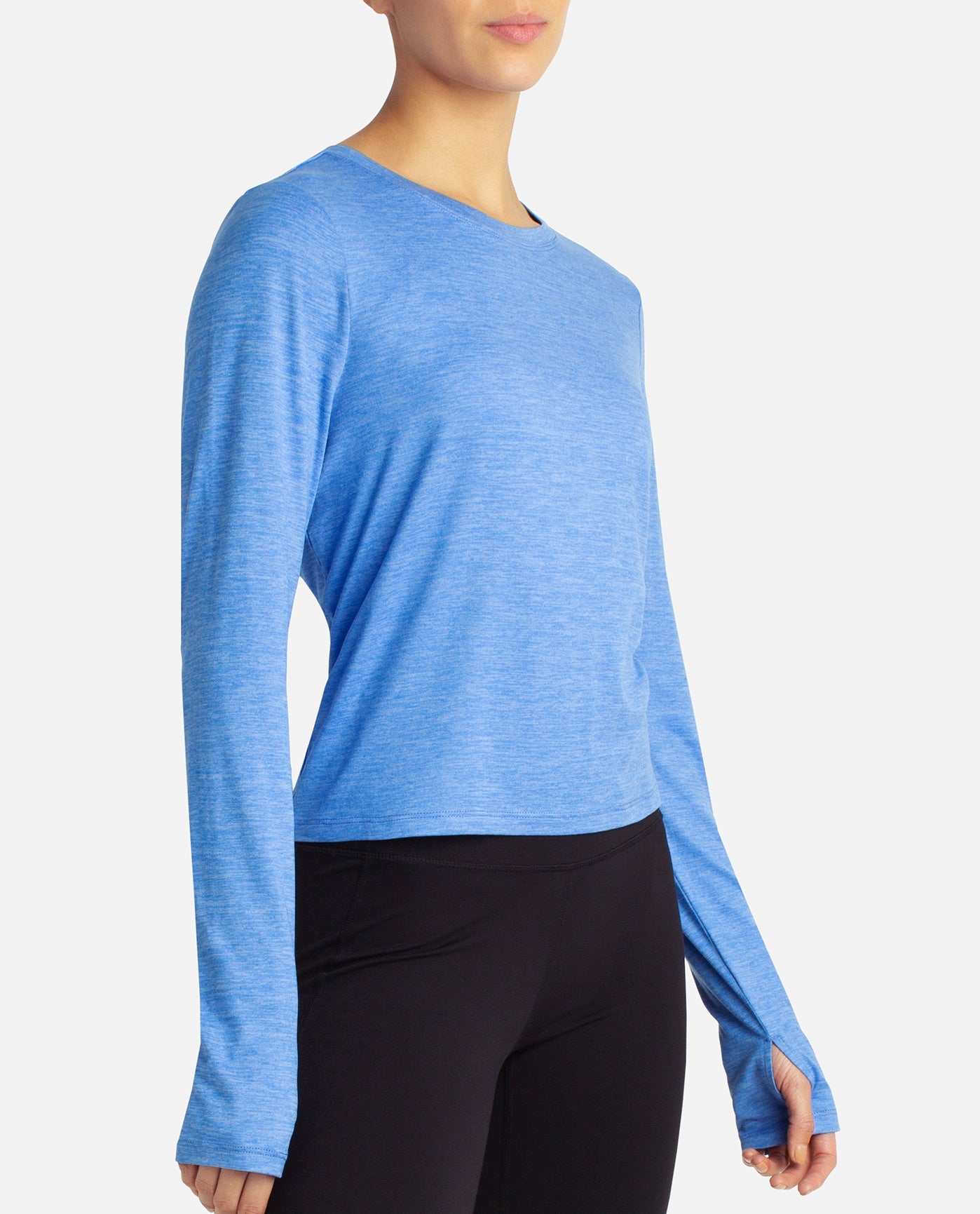 Side View Of Danskin Palace Blue Heather Cutout Cropped Long Sleeve Tee | DSK PALACE BLUE HEATHER