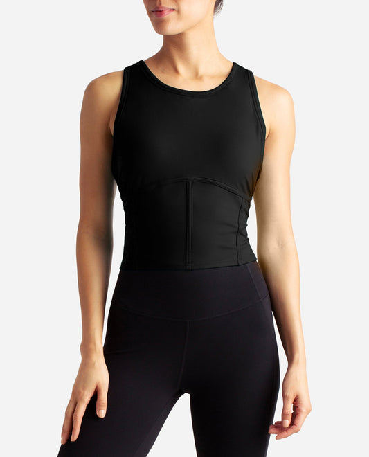 Front View of Danskin Black Salt Cropped Corset Tank | DSK BLACK SALT