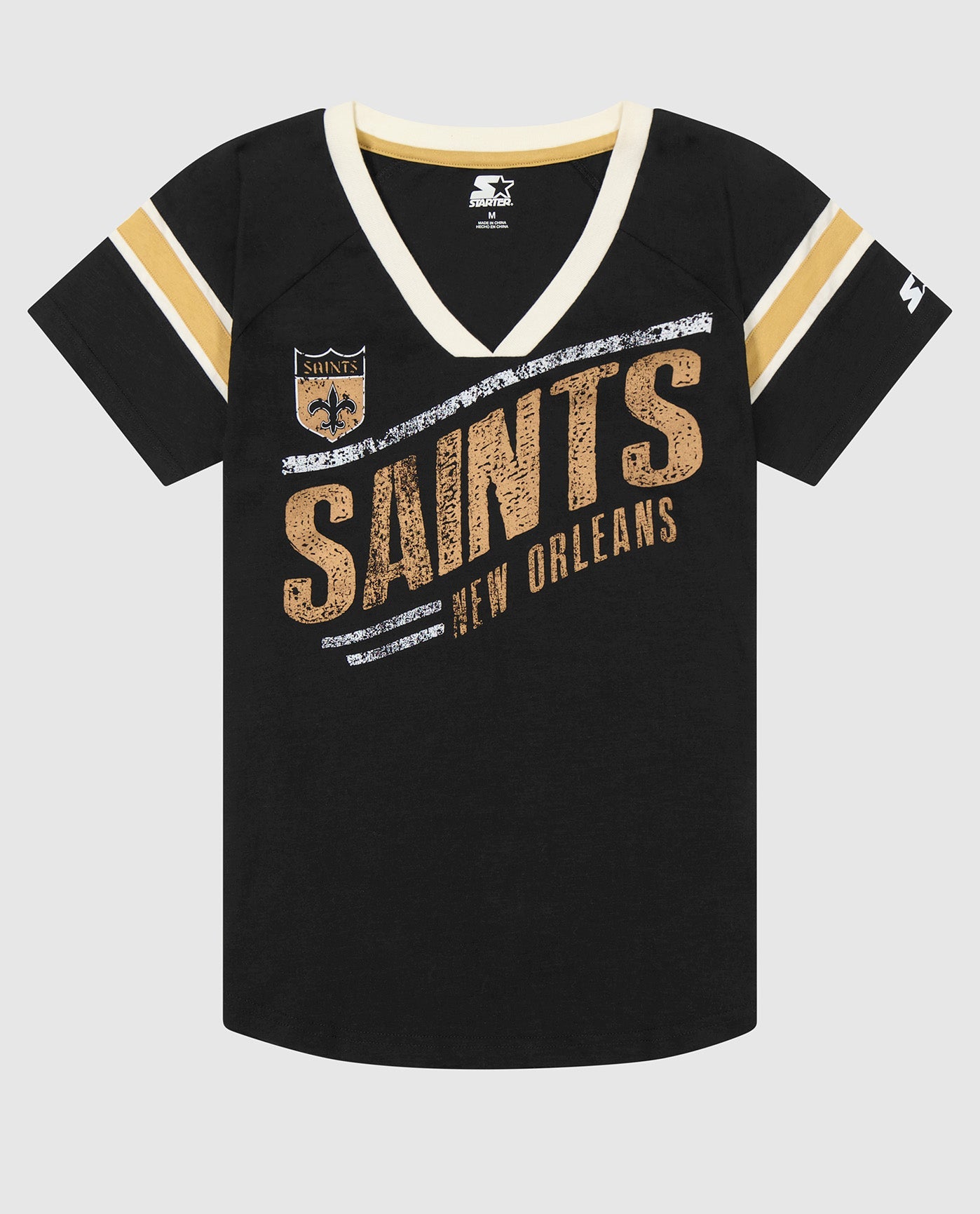 Front View of Starter Black Womens New Orleans Saints Perfect Game V-Neck Short Sleeve Starter Shirt | STR NEW ORLEANS SAINTS BLACK