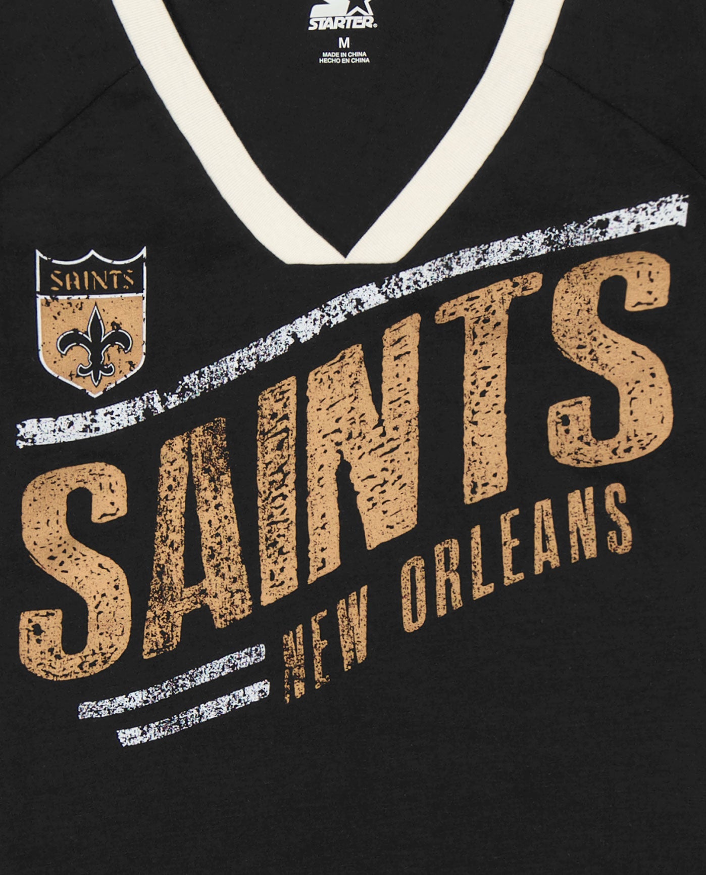 Side View of Starter Black Womens New Orleans Saints Perfect Game V-Neck Short Sleeve Starter Shirt | STR NEW ORLEANS SAINTS BLACK