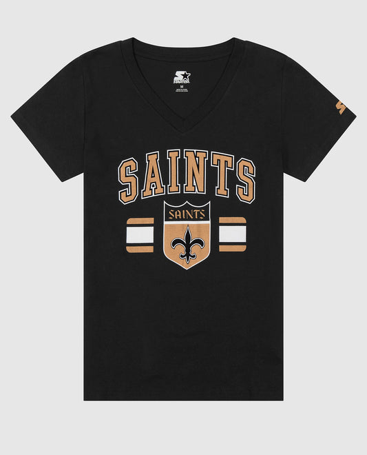 Front View of Starter Black Womens New Orleans Saints Touchdown V-Neck Short Sleeve Starter Shirt | STR NEW ORLEANS SAINTS BLACK