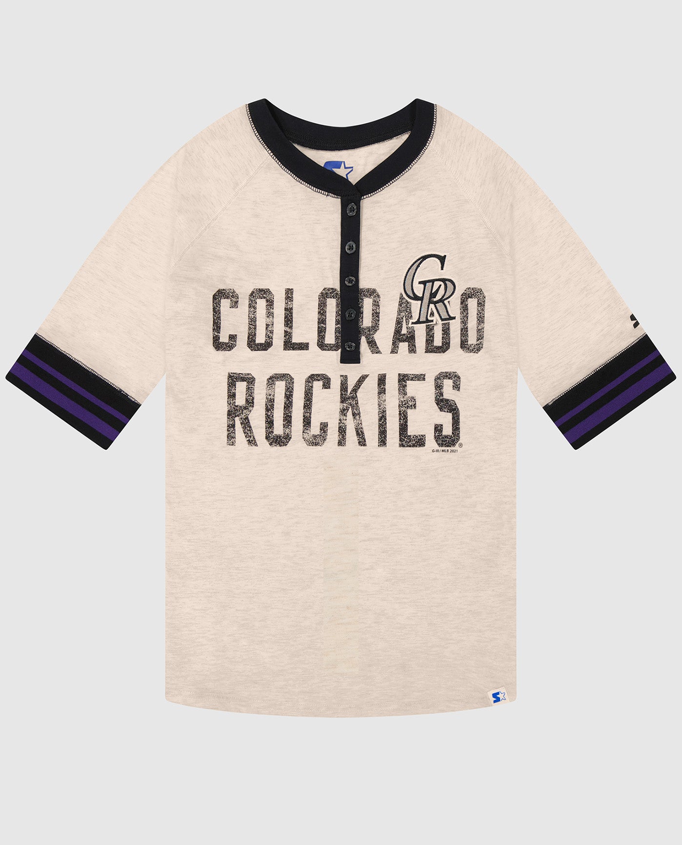 Front View of Starter White Womens Colorado Rockies First Choice 3/4 Sleeve Starter Shirt | STR COLORADO ROCKIES WHITE