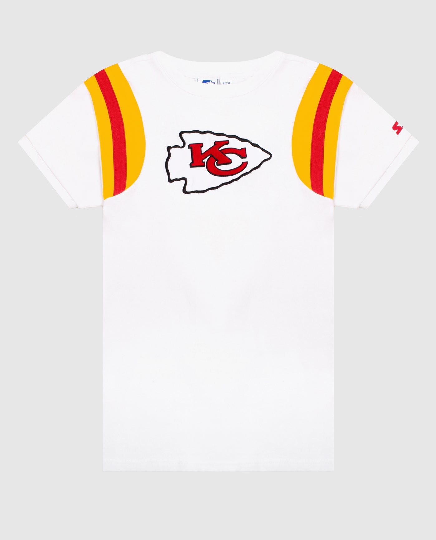 Front View of Starter White Womens Kansas City Chiefs Short Sleeve Crew Neck Starter Shirt | STR KANSAS CITY CHIEFS WHITE