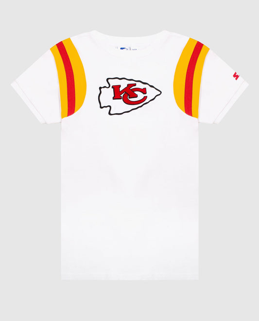 Front View of Starter White Womens Kansas City Chiefs Short Sleeve Crew Neck Starter Shirt | STR KANSAS CITY CHIEFS WHITE