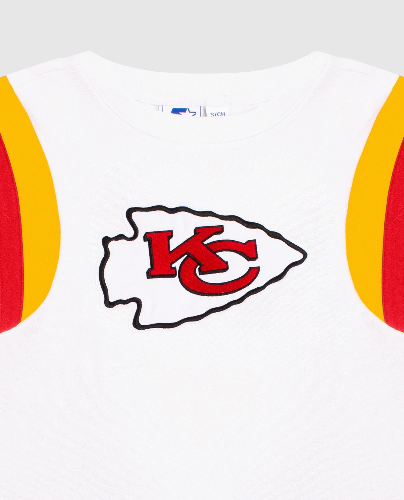 Side View of Starter White Womens Kansas City Chiefs Short Sleeve Crew Neck Starter Shirt | STR KANSAS CITY CHIEFS WHITE