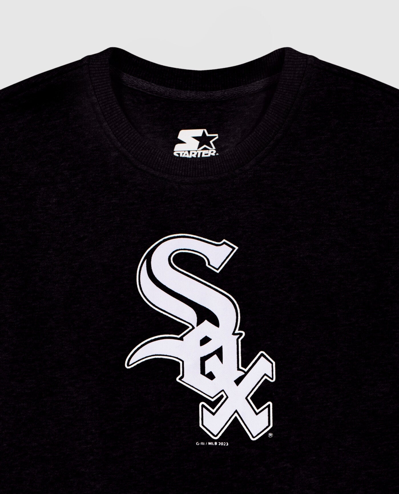 Side View of Starter Black Womens Chicago White Sox Crew Neck Starter Sweatshirt | STR CHICAGO WHITE SOX BLACK