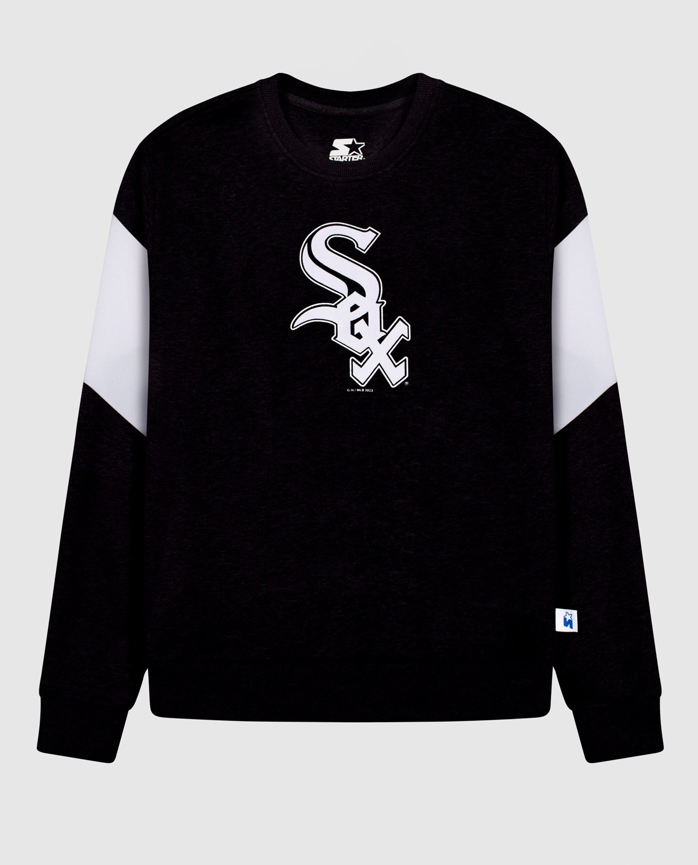 Front View of Starter Black Womens Chicago White Sox Crew Neck Starter Sweatshirt | STR CHICAGO WHITE SOX BLACK