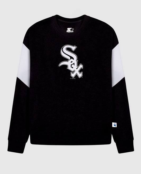 Front View of Starter Black Womens Chicago White Sox Crew Neck Starter Sweatshirt | STR CHICAGO WHITE SOX BLACK