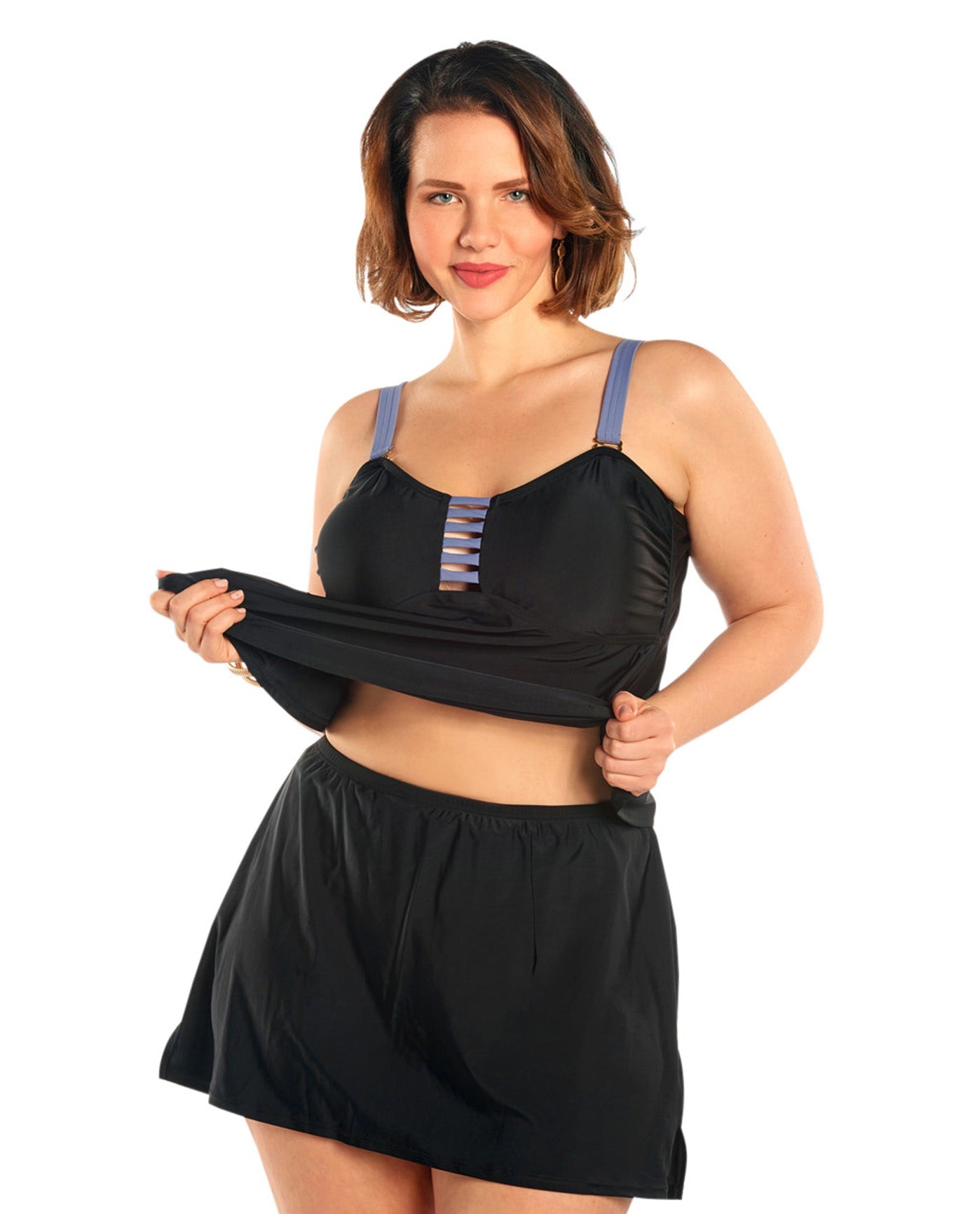 Alternate Front View of Always For Me Black Plus Size Trellis Bandeau Tankini Top With Matching Tankini Bottom | AFM BLACK