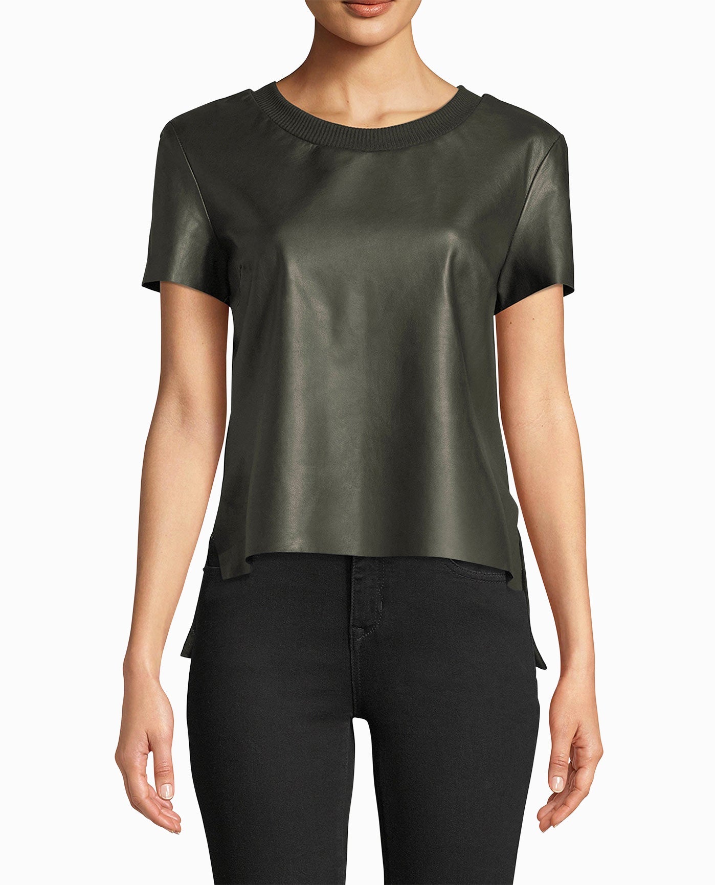 Front View Of Nicole Miller Leather T-Shirt | NM ARMY GREEN