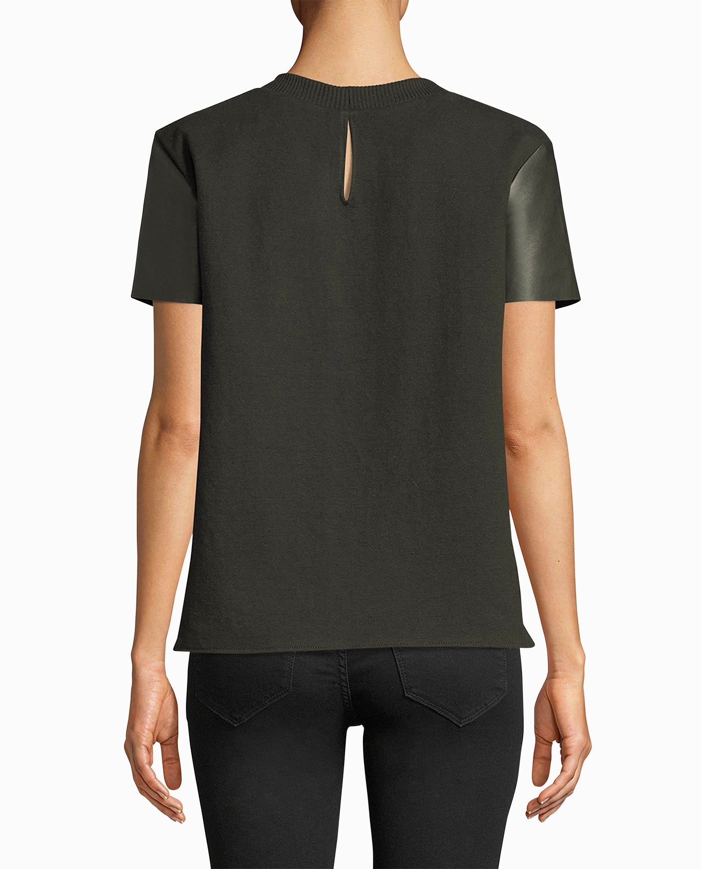 Back View Of Nicole Miller Leather T-Shirt | NM ARMY GREEN