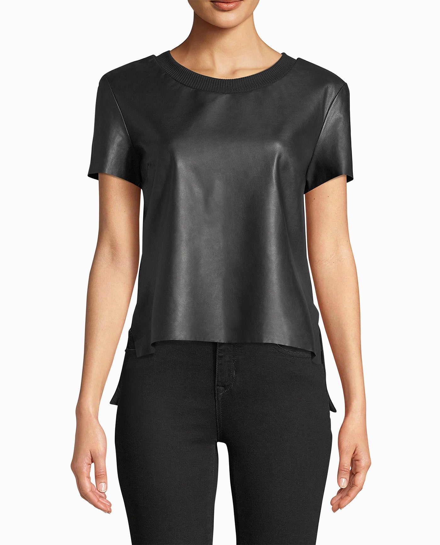 Front View Of Nicole Miller Leather T-Shirt | NM BLACK