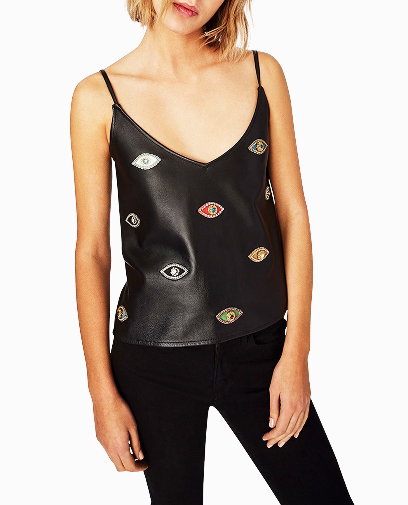 Front View Of Nicole Miller Evil Eye Embellishment V Neck Tank Top | NM BLACK EMBELLISHED EVIL EYE