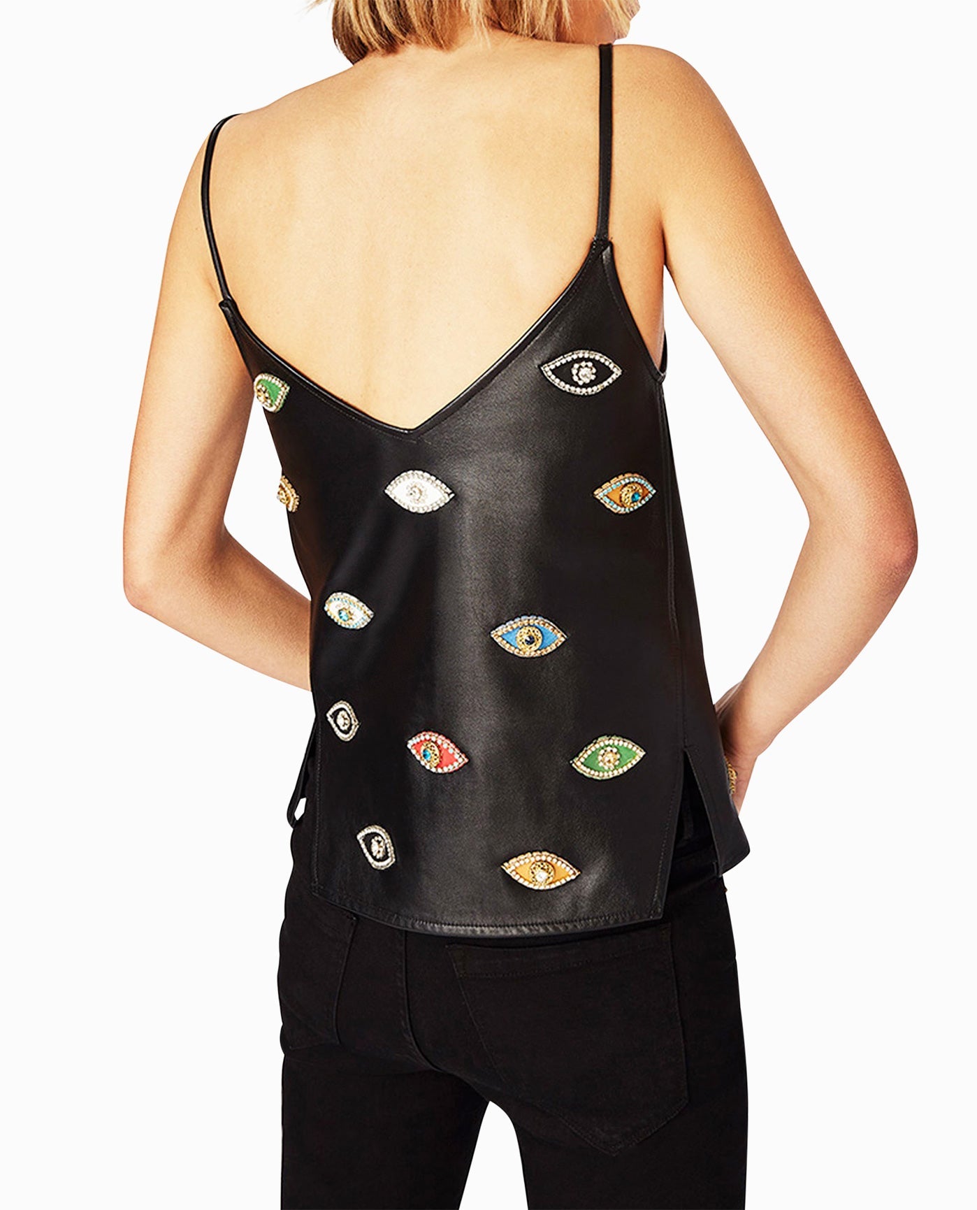 Back View Of Nicole Miller Evil Eye Embellishment V Neck Tank Top | NM BLACK EMBELLISHED EVIL EYE