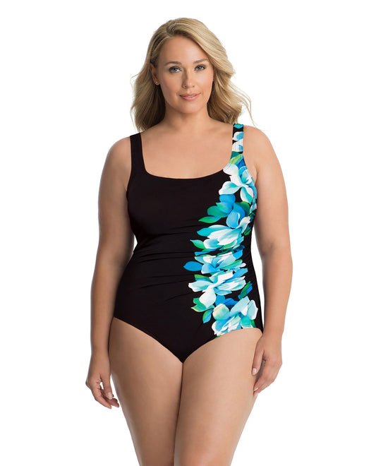Front View of Miraclesuit Hanging Garden Blue Plus Size Sidewipe Underwire One Piece Swimsuit | MIR BLUE HANGING GARDEN