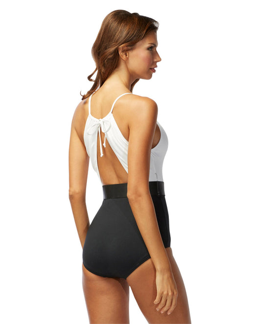 Back View of Carmen Marc Valvo Cosmopolitan Elizabeth High Neck One Piece Swimsuit | CMV BLACK AND WHITE