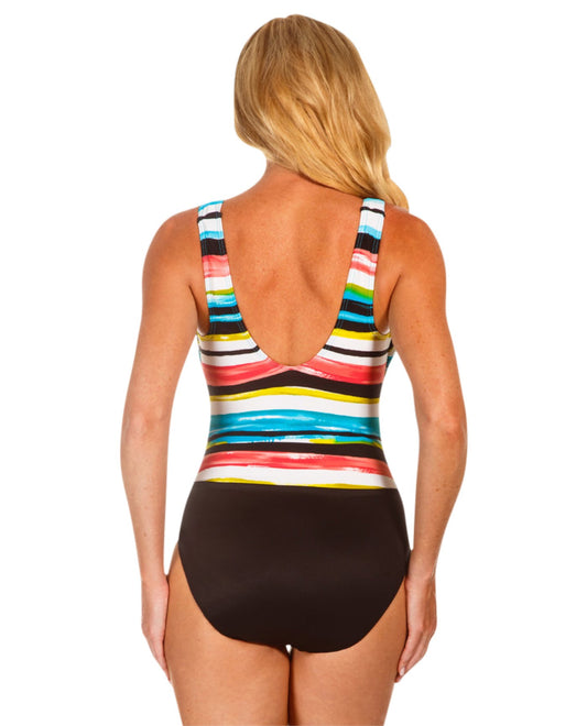 Back View of Miraclesuit Morning Sun Colorblock D-Cup Regatta Underwire High Neck Swimsuit | MIR Morning Sun