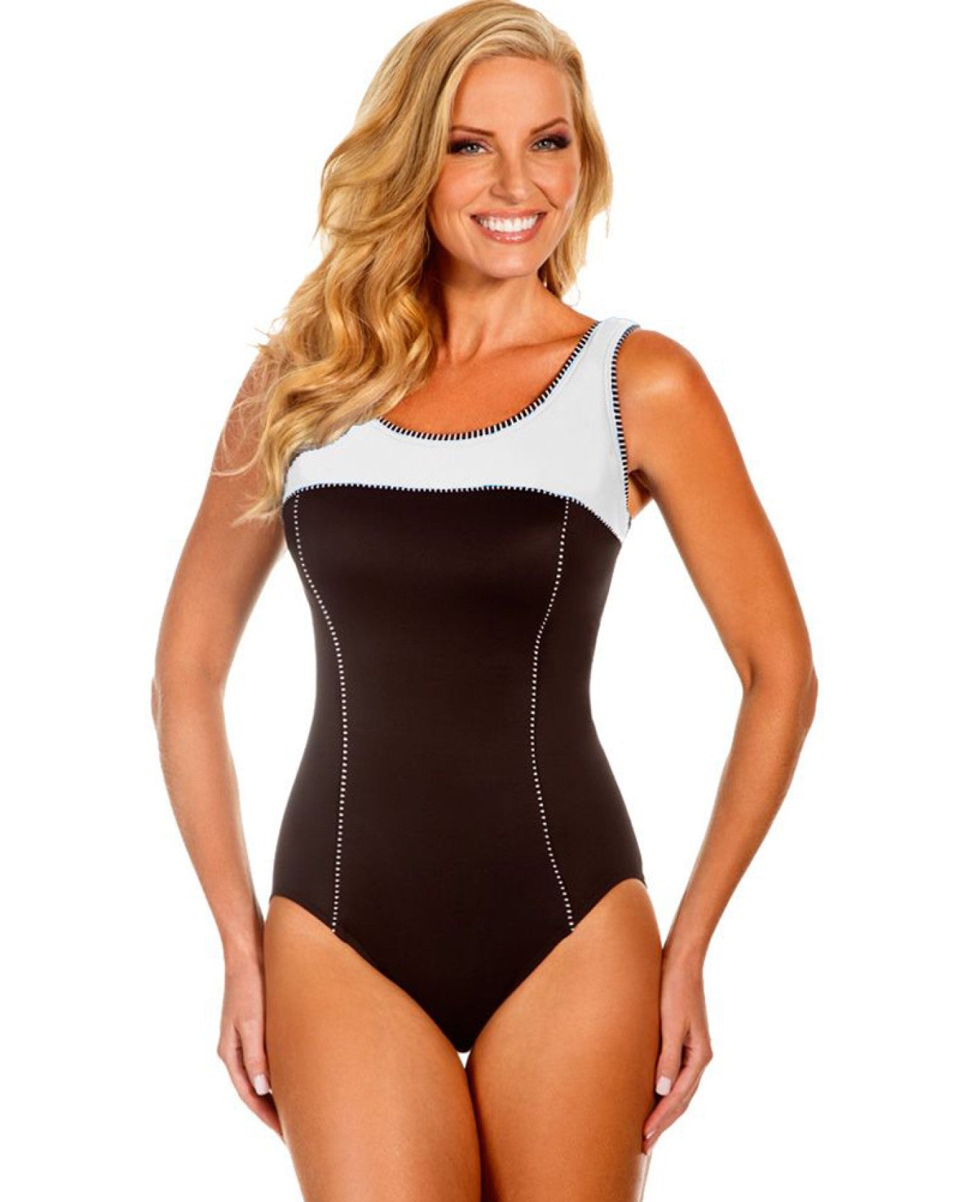 Front View of Miraclesuit White Colorblock Dd-Cup Touche Underwire One Piece Swimsuit | MIR Black and White