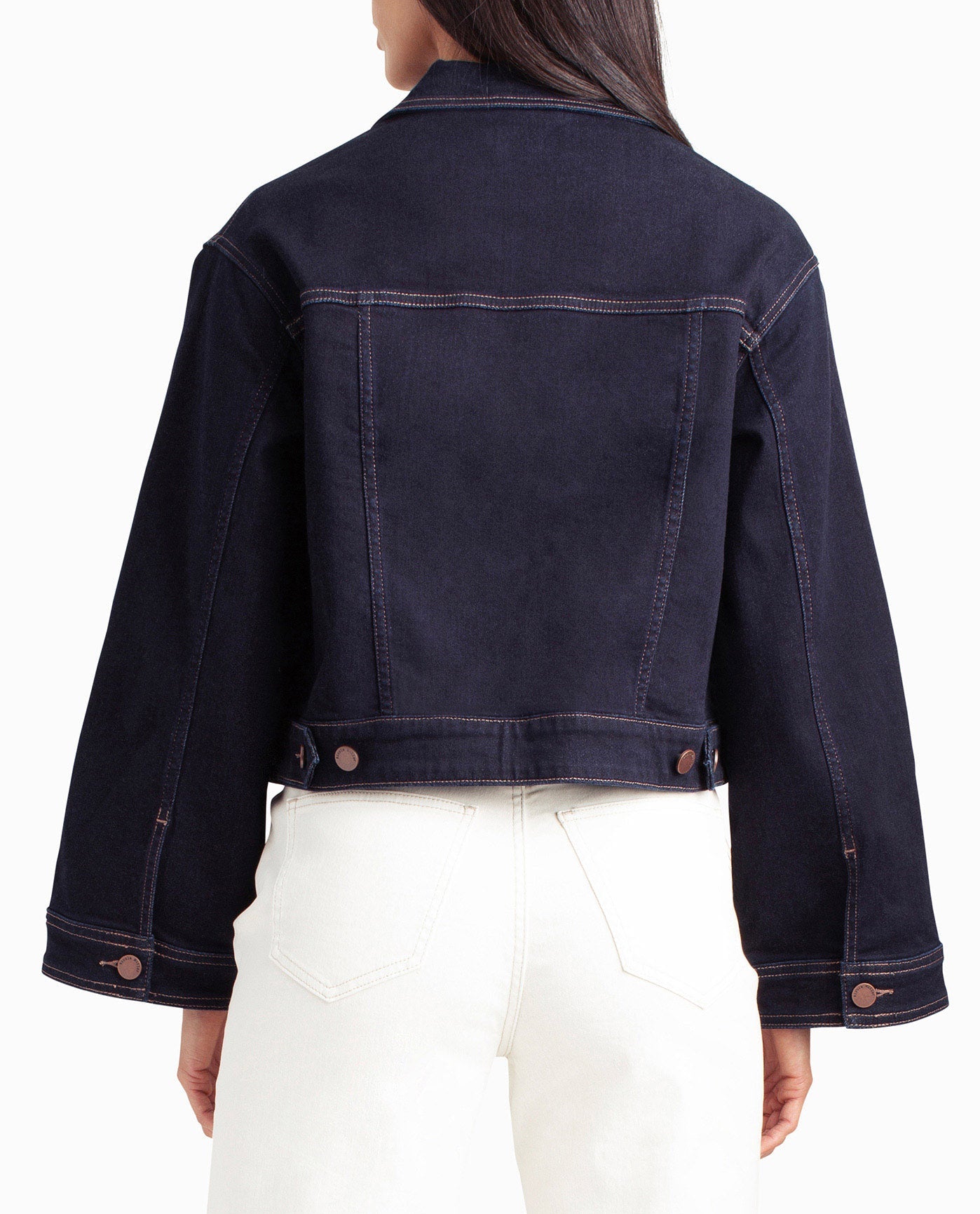 Back View Of Nicole Miller Lenox Hill Bell Sleeve Crop Jacket | NM DARK BLUE