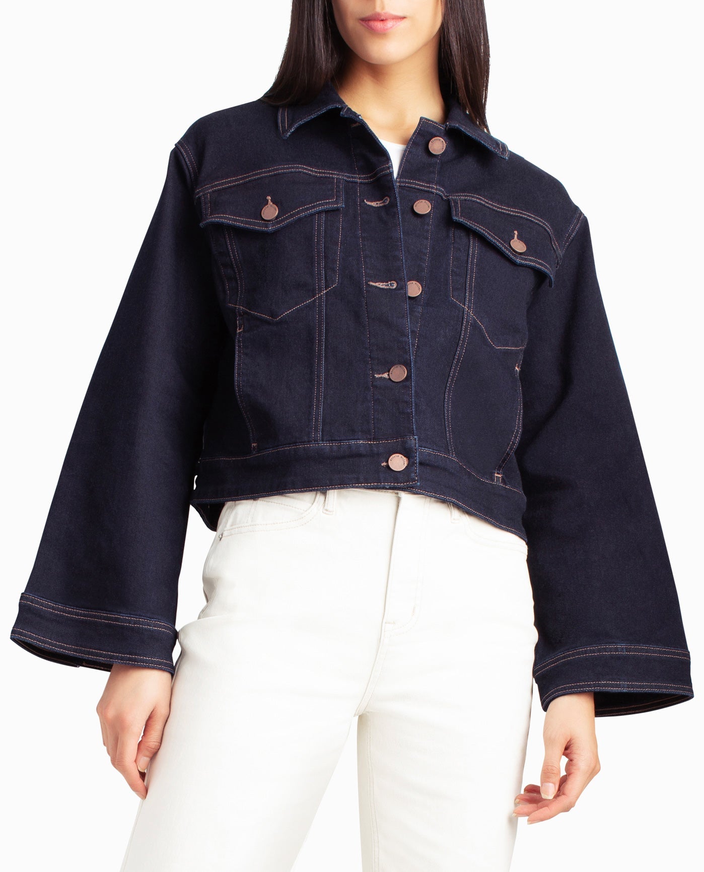 Front View Of Nicole Miller Lenox Hill Bell Sleeve Crop Jacket | NM DARK BLUE