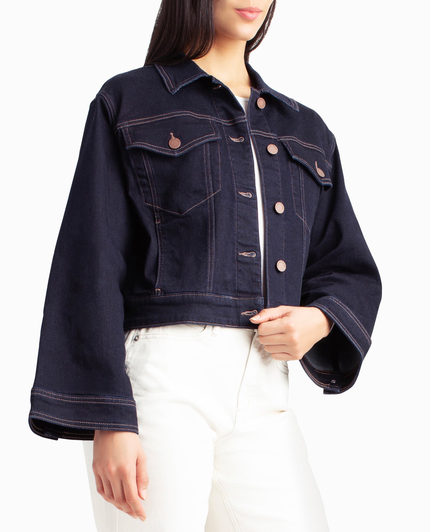 Side View View Of Nicole Miller Lenox Hill Bell Sleeve Crop Jacket | NM DARK BLUE