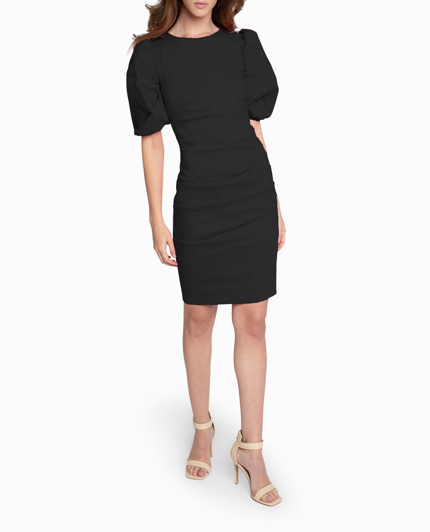 Front View Of Nicole Miller Stretch Puff Sleeve Lauren Dress | NM BLACK