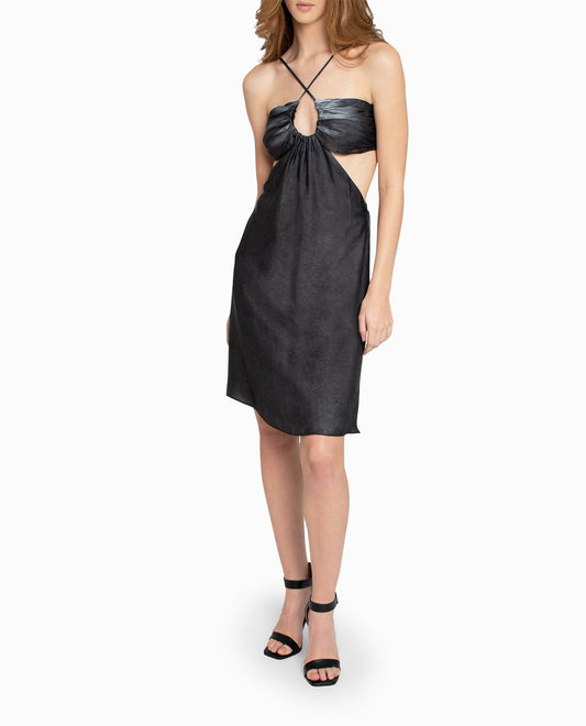 Front View Of Nicole Miller Garment Dyed Cut Out Mini Dress | NM BLACK