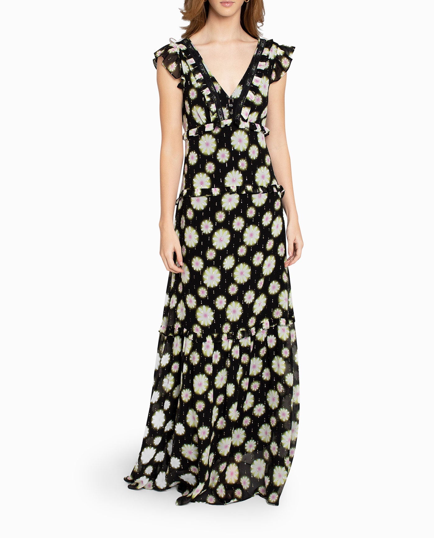 Front View Of Nicole Miller Hazy Daisy Ruffle Maxi Dress | NM HAZY DAISY