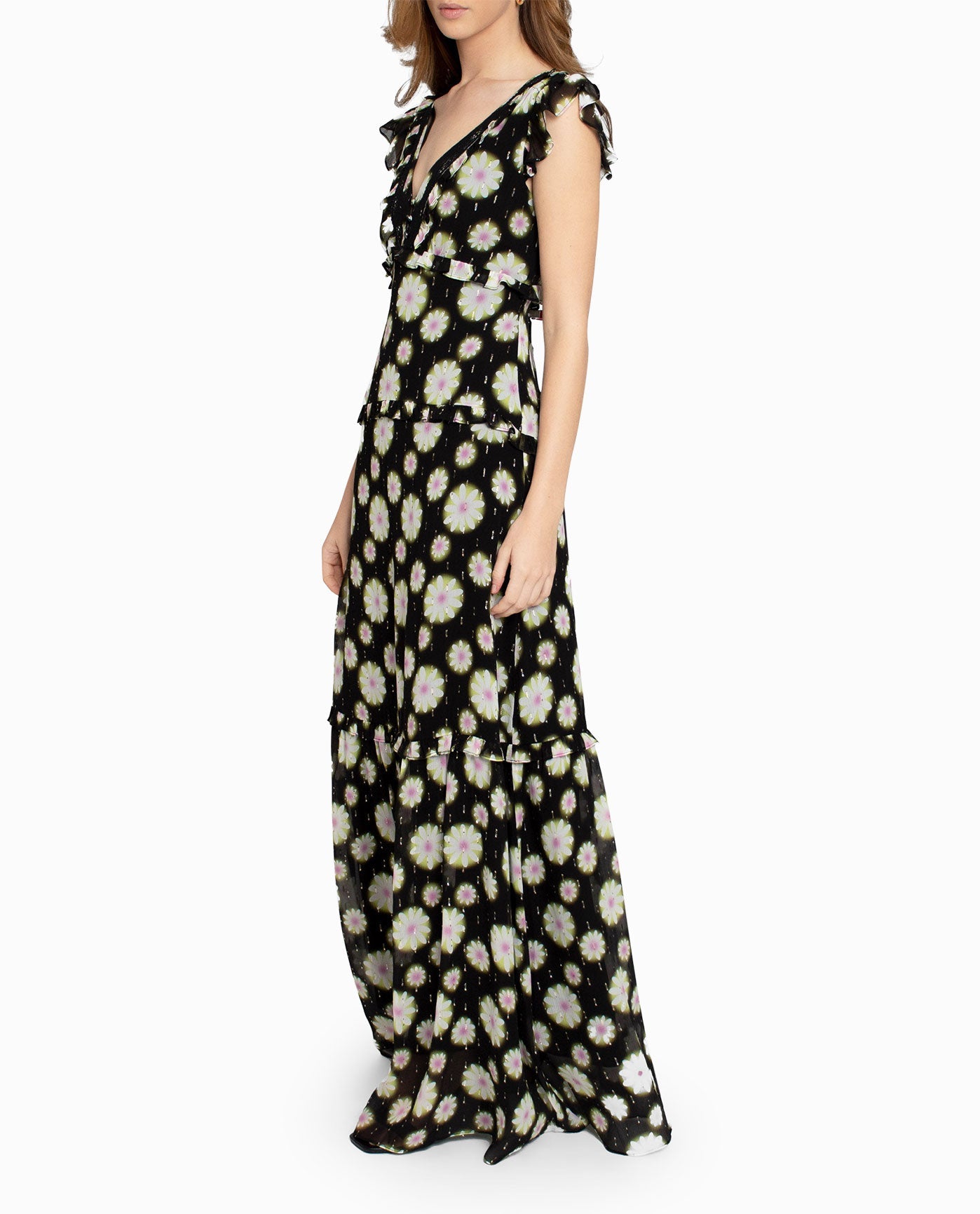 Side View View Of Nicole Miller Hazy Daisy Ruffle Maxi Dress | NM HAZY DAISY