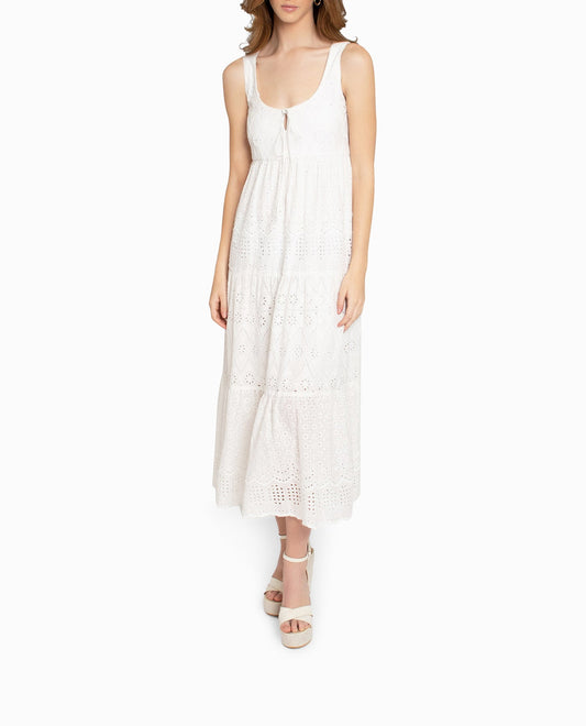 Front View Of Nicole Miller Embellished Eyelet Maxi Dress | NM WHITE