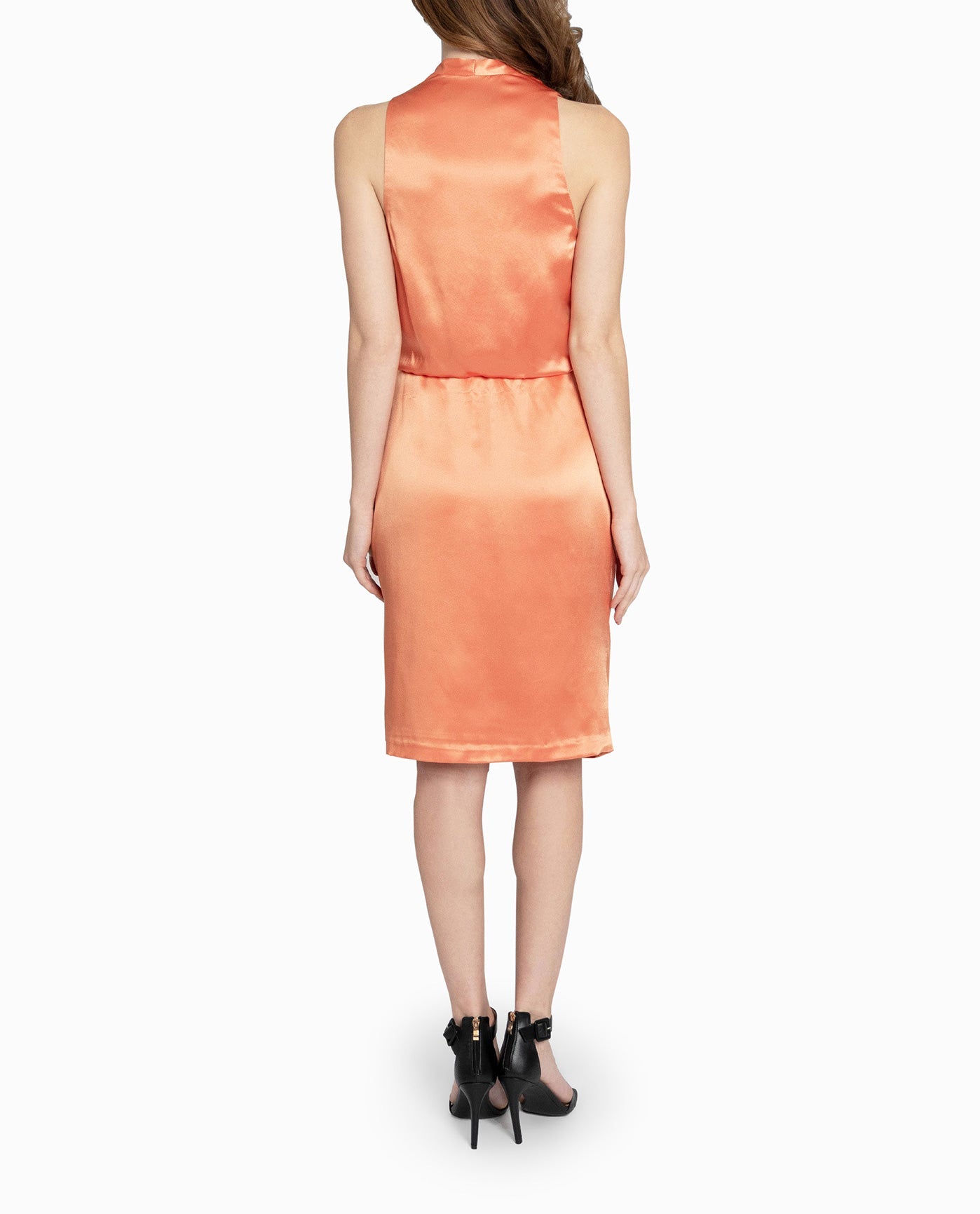 Back View Of Nicole Miller Stretch Silk Wrap Midi Dress | NM ORANGE