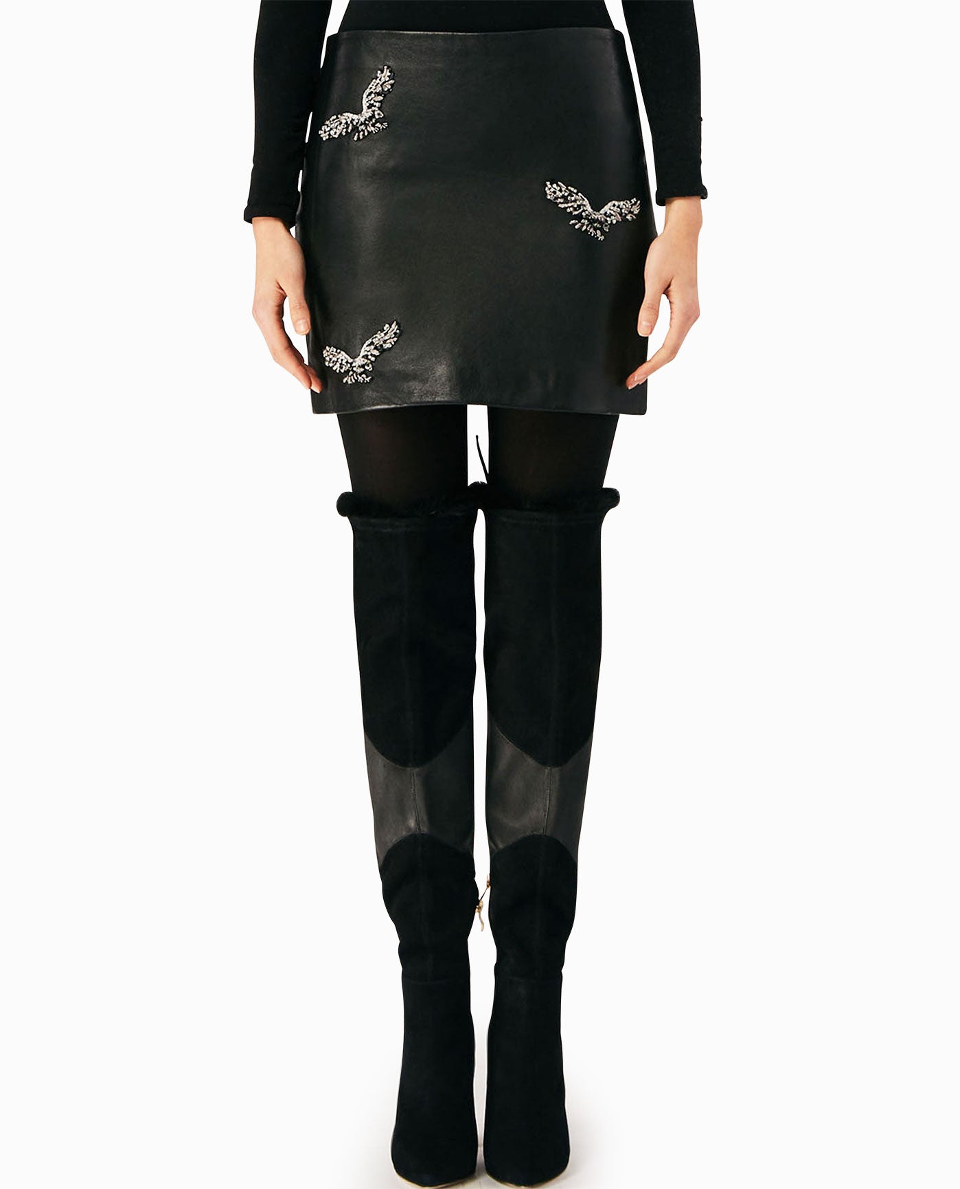 Front View Of Nicole Miller Embellished Eagle Leather Mini Skirt | NM BLACK EMBELLISHED EAGLE