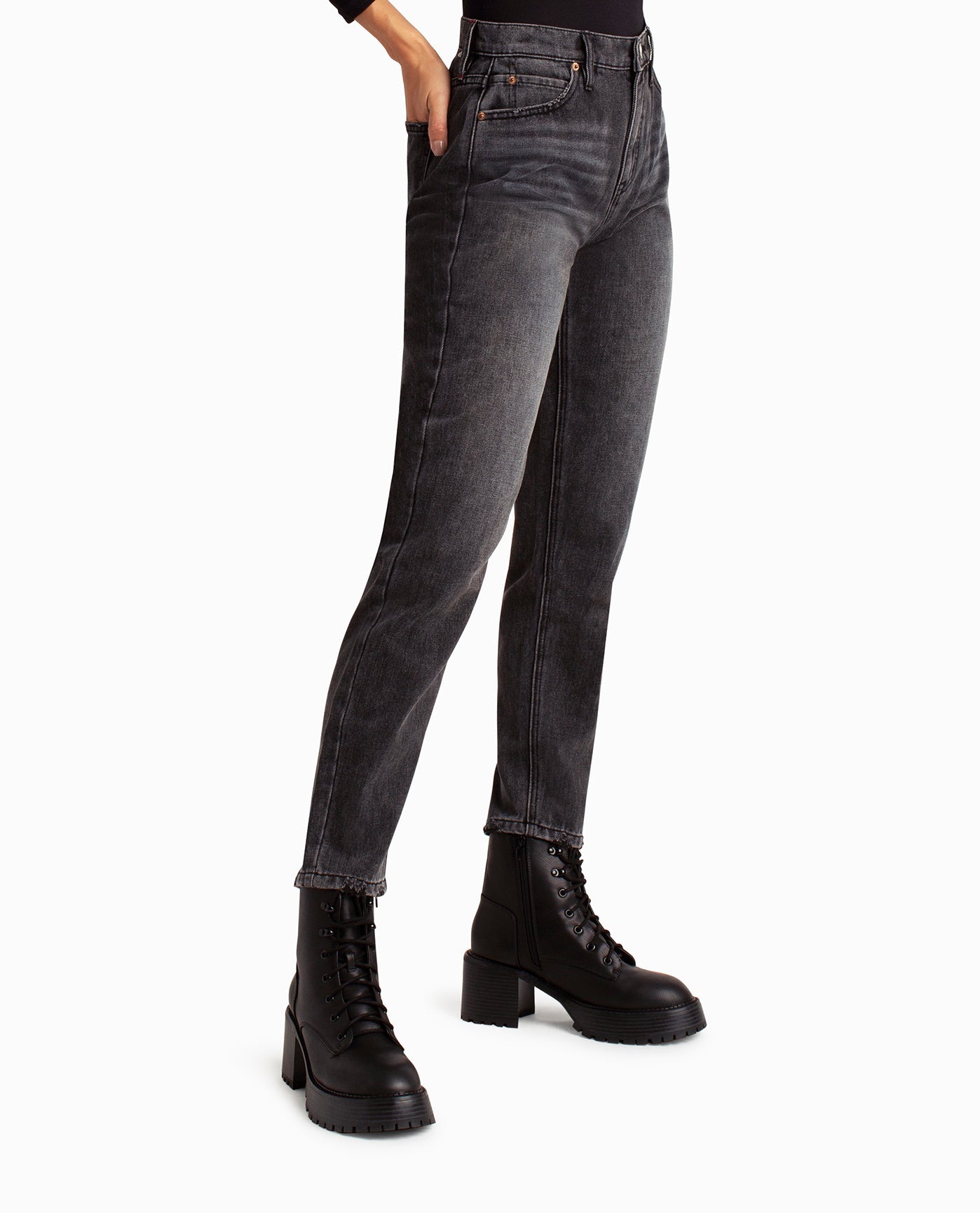 Side View View Of Nicole Miller Harlem High Rise Tapered Jean | NM BLACK