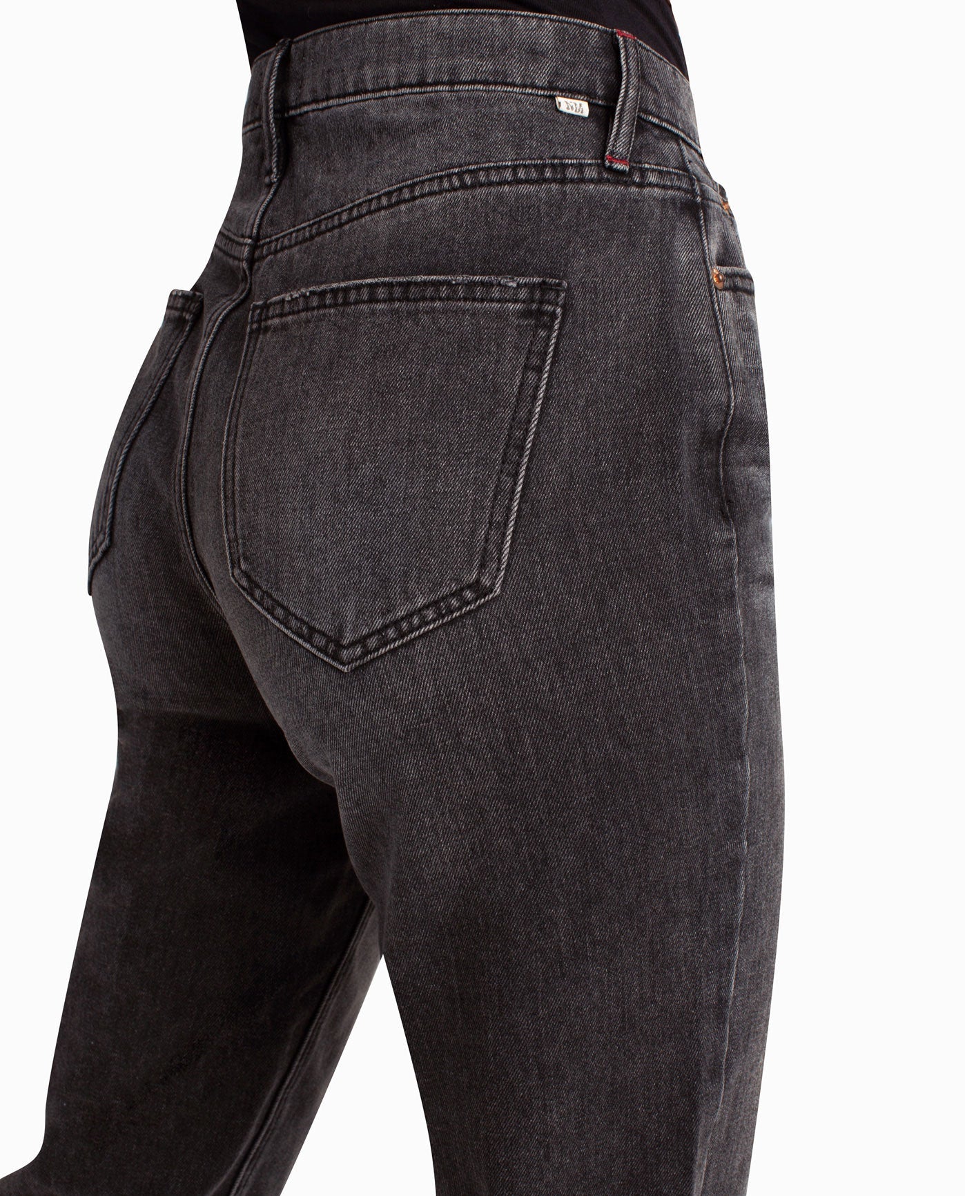 Front Detail View Of Nicole Miller Harlem High Rise Tapered Jean | NM BLACK