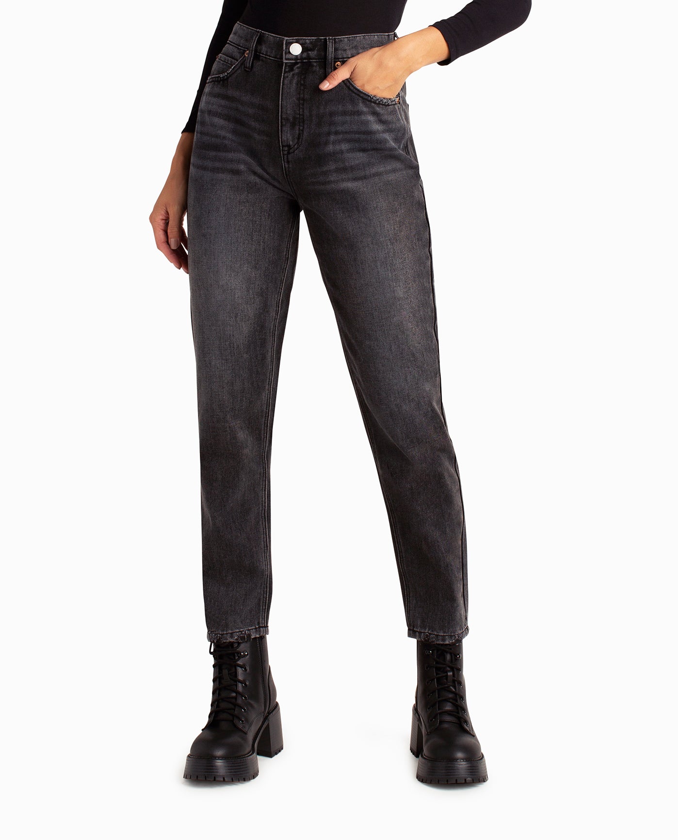 Front View Of Nicole Miller Harlem High Rise Tapered Jean | NM BLACK