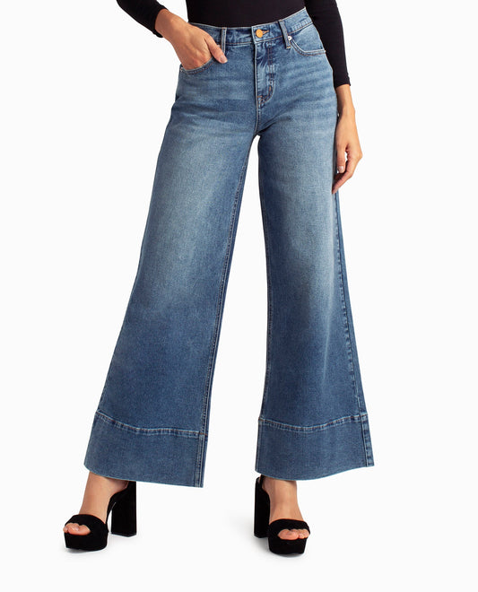 Front View Of Nicole Miller Hudson Yards Mid Rise Wide Leg Jean | NM DARK BLUE